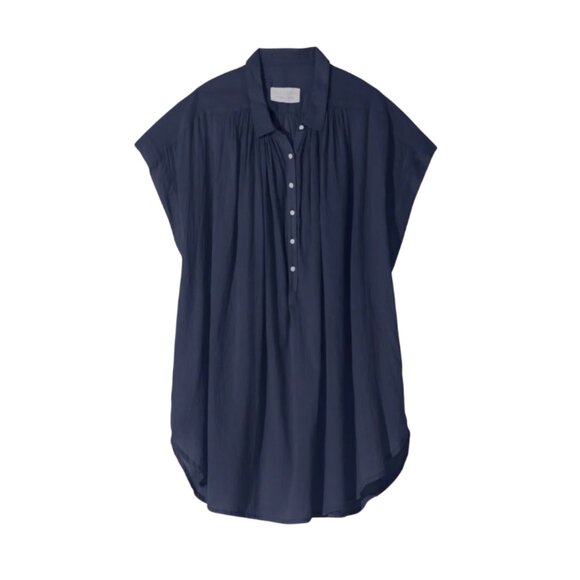 Nili Lotan Normandy Blouse Top Shirt Womens Small Navy Blue Cotton Short Sleeve - Picture 1 of 11